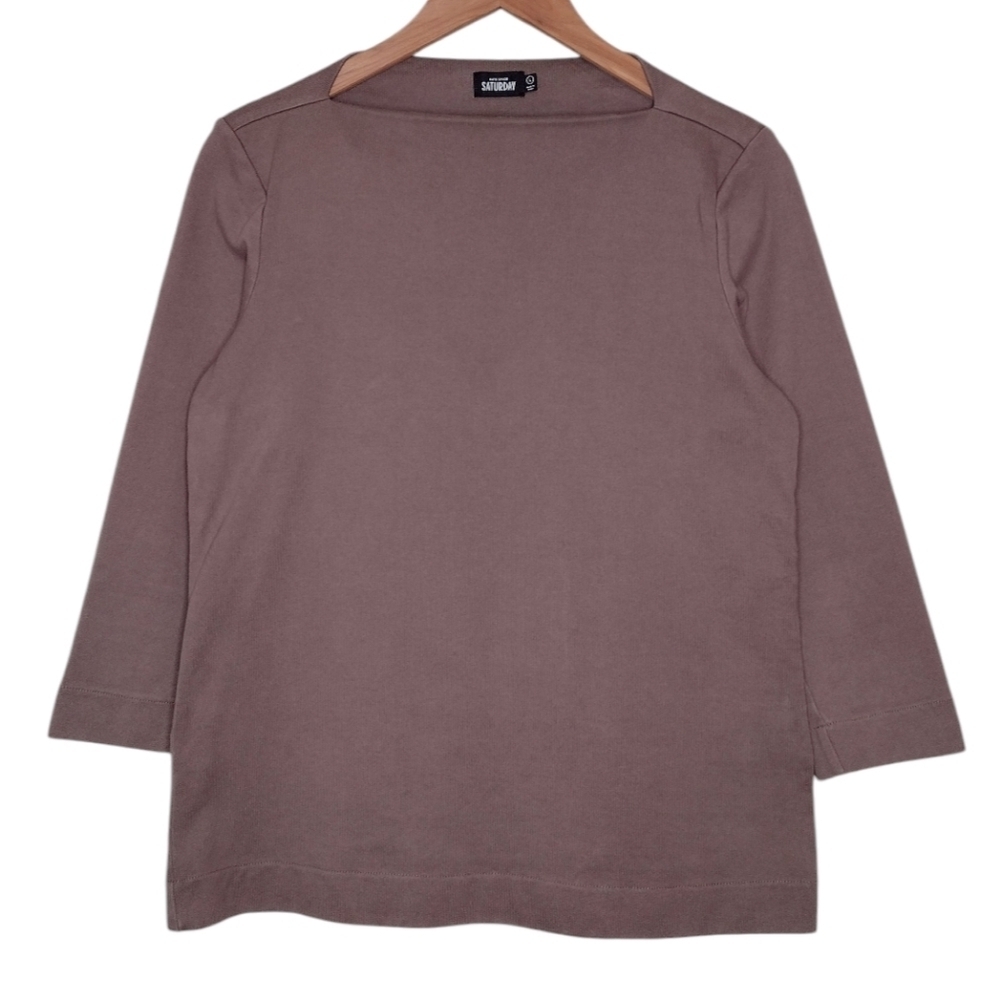 Kate Spade Saturday Boat Neck Minimalist Neutral Brown 3/4 Sleeve Top Sweater